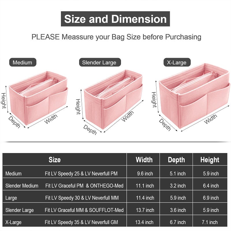 OMYSTYLE Pink Large Organizer Insert, Felt Tote Bag Organizer Insert with 5 Sizes, Handbag Dividers for Inside Purse, Compatible with Longchamp, Neverful, Speedy and More - Image 4